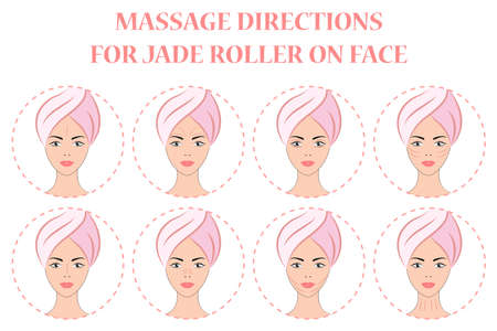 Beauty girl take care of your face and use a facial roller. Facial massage is a concept of skin care and relaxation. Chinese massage with gouache stones. Massage lines for the face, vector illustratioのイラスト素材