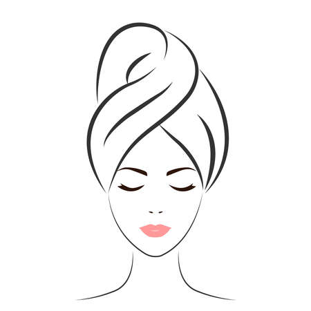 A young woman wearing a towel on her head. Hand drawn portrait of a beautiful woman. Sketch. Vector illustration. Spa beauty concept. A line of girls isolated on a white background.のイラスト素材