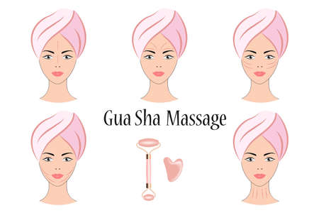 Face massage kit. Roller for face and massage of gua sha made of natural stones. Massage lines on a girl's face, vector illustration. A design element.のイラスト素材