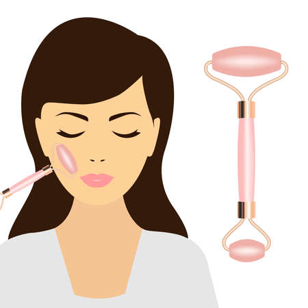 Female face and jade roller flat color vector illustration. Facial massage. A woman using a facial beauty tool. Natural Pink Anti-aging Quartz Leather Roller Isolated on White Backgroundのイラスト素材