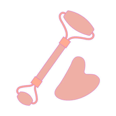 Flat vector set made of rose quartz, consisting of a roller face massager and gua sha. Tools for skin care and tone enhancement, isolated on a white background.のイラスト素材