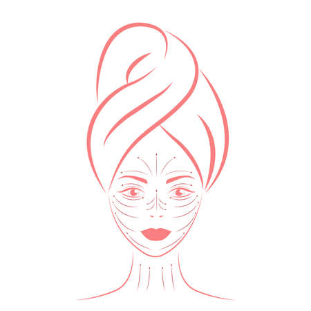 Chinese massage with gouache stones. Pink outline of the silhouette of a girl's face with a towel on her head isolated on a white background. Facial massage lines, vector illustrationsのイラスト素材