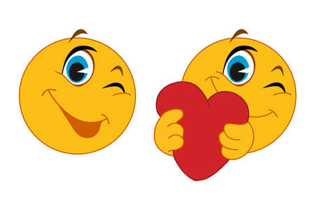 A set of icons. Emoticon for messenger, social networks and the Internet. A smiling winking smiley face and a smiley face holding or giving a heart on a white background. Flat design. Vector illustraのイラスト素材