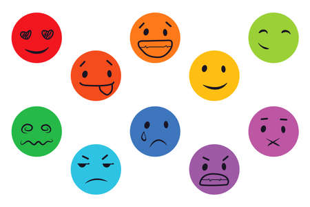 A set of round vector faces, different emotions. Set of emoticons cute emoticon. Flat design of multicolored emoticons on a white background, vector illustrationsのイラスト素材