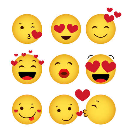 A set of yellow loving funny emoticons, humorous emoticons with hearts, sweet cartoon emoticons on a white backgroundのイラスト素材