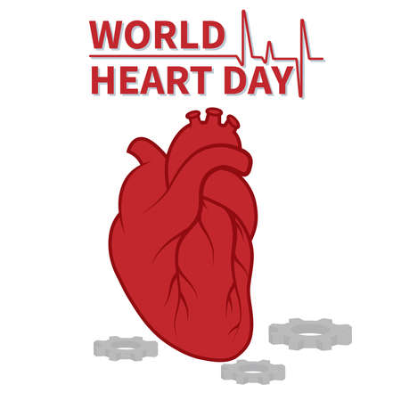 Vector illustration on the theme of the World Heart Day, celebrated annually on September 29 around the world. Heart, internal organ, gears and the inscription world Heart Day on a white backgroundのイラスト素材