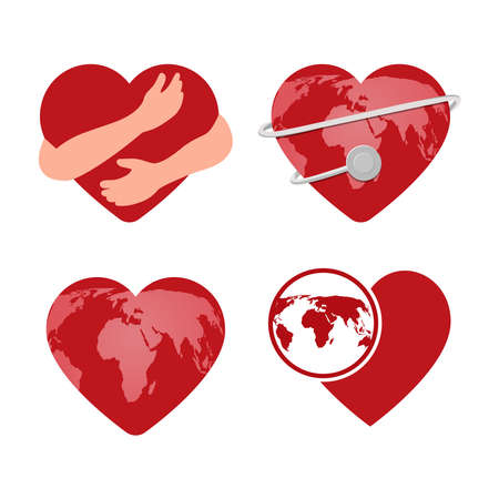 A set of hearts for World Heart Day .. A heart with embracing hands, a heart with a stethoscope, a heart with a world map isolated on a white backgroundのイラスト素材