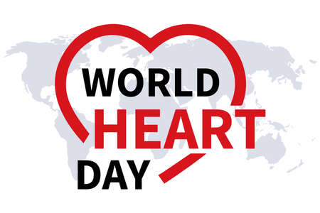 A creative poster or banner of the World Heart Day. The outline of the heart shape with the inscription world Heart Day on the background of the world map. White background vector illustrationのイラスト素材
