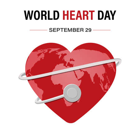 Vector illustration of the World Heart Day background with the image of a stethoscope, a heart and a world map. A red heart with a world map is wrapped around a stethoscope. White backgroundのイラスト素材