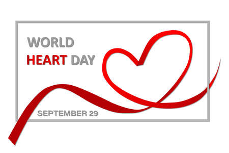 The poster of the World Heart Day. September 29. red ribbon in the shape of a heart in a frame on a light background. Vector illustration.のイラスト素材