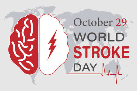 Vector illustration on the theme of the World Stroke Day. October 29. A red and white silhouette of a human brain with a lightning bolt on the background of a world map. Light gray backgroundのイラスト素材