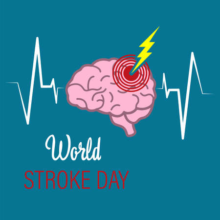 Vector illustration of the World Stroke Day. October 29. A company in the field of healthcare. Silhouette of a human brain with lightning and pulse on a blue backgroundのイラスト素材