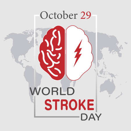 Vector illustration on the theme of the World Stroke Day. October 29. A red and white silhouette of a human brain with a zipper in a frame on the background of a world map.のイラスト素材