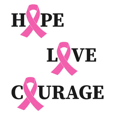 Hope, love, courage design of the inscription with a pink ribbon for a poster, banner. The concept of breast cancer awareness. The illustration is isolated on a white background.のイラスト素材
