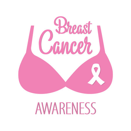 Breast cancer awareness for support and healthcare. A poster of the breast cancer campaign in October. Pink bra with awareness ribbon.のイラスト素材