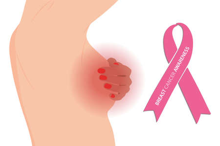Breast cancer awareness for support and healthcare. A poster of the breast cancer campaign in October. A woman holds her breasts, the vector of the ribbon sign. White background.のイラスト素材