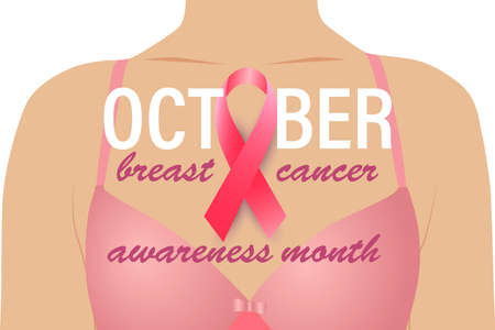 October of Breast Cancer Awareness Month. Creative illustration for the Internet, social networks, advertising, cover, poster. A woman's bust in a pink bra. Pink support ribbon concept.のイラスト素材