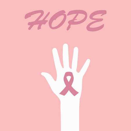 Breast cancer awareness for support and healthcare. A poster of the breast cancer campaign in October. A hand with a ribbon icon on a pink background. Vectorのイラスト素材
