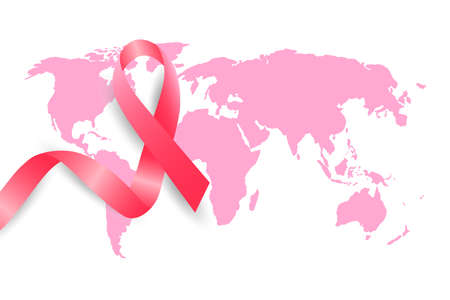 Breast Cancer Awareness Month pink ribbon. The concept of the world health campaign. Vector illustration with a pink awareness ribbon on the background of a world map. White backgroundのイラスト素材