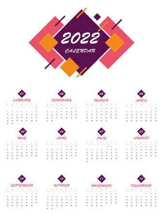 The calendar year is 2022. Vector template of a simple design. The week starts on Sunday. White background with geometric shapesのイラスト素材