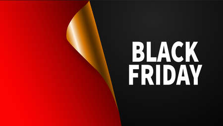 Black Friday poster. A red ribbon with a curved edge on a black background. Sticker. Vector illustration.のイラスト素材