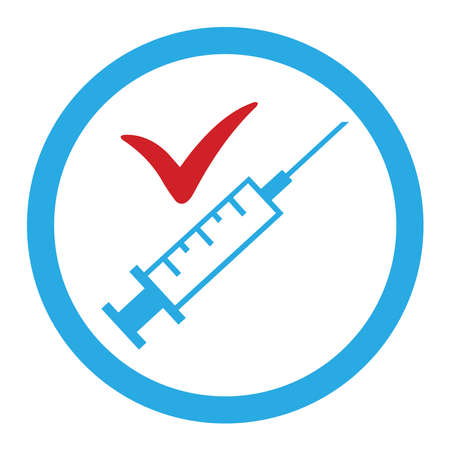 Vector icon of completed vaccination. The style is a two-tone flat round symbol, blue and red colors, white background. A blue silhouette of a syringe in a blue circle and a red check mark.のイラスト素材