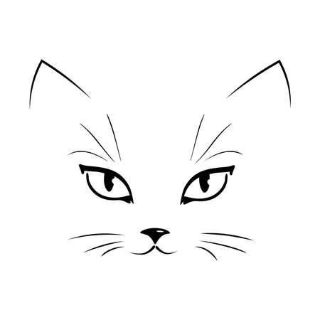 Black contour silhouette of a cat's muzzle. Vector design of a cat's face on a white background, a pet. Animals.のイラスト素材