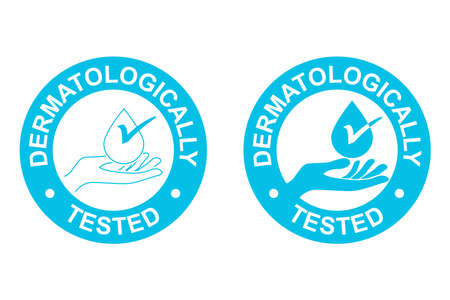 Dermatologically tested icon. Blue icons on a white background. Silhouette of a hand with a drop and a tick in the center and a circular inscription dermatologically testedのイラスト素材