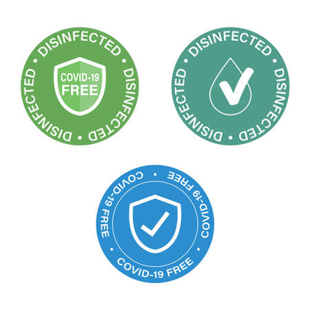 Coronavirus icon set. Round symbols for disinfected areas, surfaces or products of covid-19.のイラスト素材