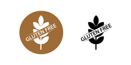 Gluten-free icon. Healthy food without wheat or grain symbol. Allergy to cereals and diet  . Brown round icon and black icon isolated on white background. Flat design. Vector illustration.のイラスト素材