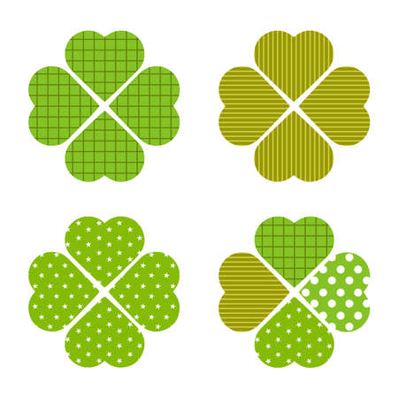 Abstract decorative four-leaf clover, leaf clover icon. Checkered, striped, with stars and combined sheets isolated on a white backgroundのイラスト素材