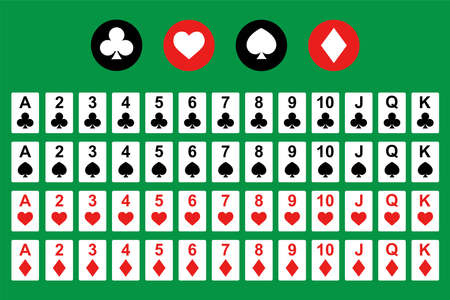 Deck of playing cards for poker with isolated cards on a green backgroundのイラスト素材
