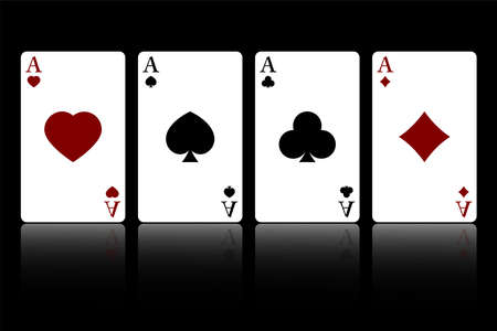 Set of four suits of playing cards with aces isolated on a black background with reflection