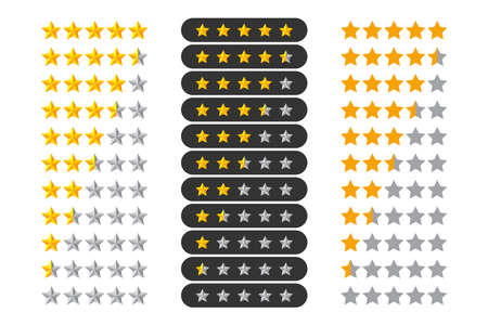 Star rating design elements kit vector. Set of star shapes for ranking. Vector golden shiny rating 5 to 0 stars.のイラスト素材