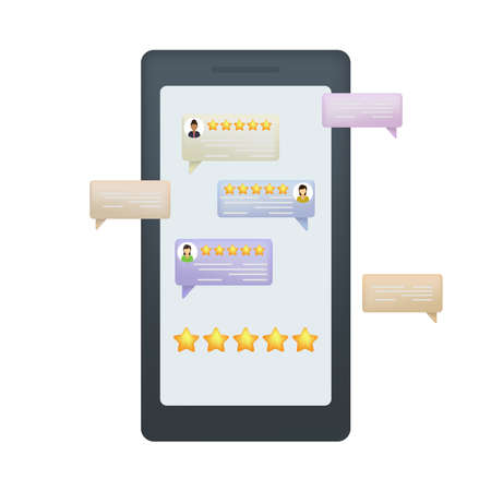 Smartphone with customer feedback. Stars customer review. Website or application quality service client feedback. Speech bubble, text message, social media comment.のイラスト素材