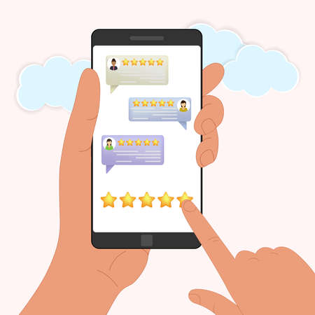 Hands holding a phone with a rating of reviews. Experience concept or feedback, star rating, notifications. rating bubble.のイラスト素材