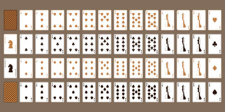 Playing cards with chess pieces. brown background. A set for playing poker. Playing cards of a new design. full deckのイラスト素材