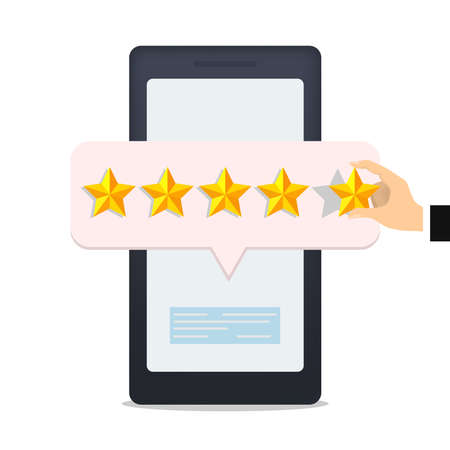 Opinion customers smartphone. Customer review rate 5 star in mobile app phone, product quality feedback, client experience, satisfaction people best service, vector illustration. Feedback and reviewのイラスト素材