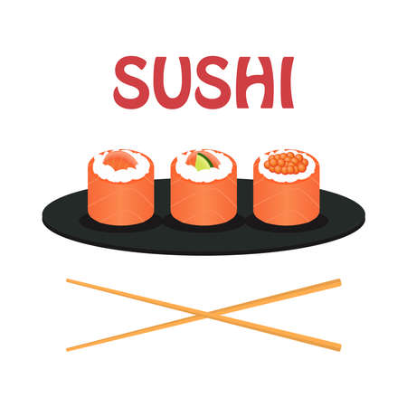 A set of sushi rolls on a black platter and chopsticks isolated on a white backgroundのイラスト素材