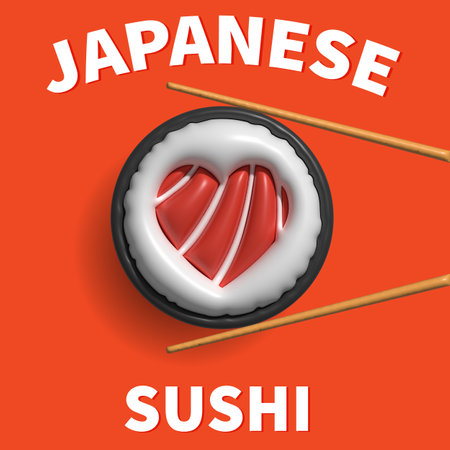 Sushi poster design. Holding sushi with salmon in the shape of a heart with chopsticks on an orange background. 3D illustrationの写真素材