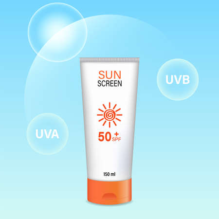 A template for an advertising poster with sunscreen. Banner with a tube of sunscreen on a blue...