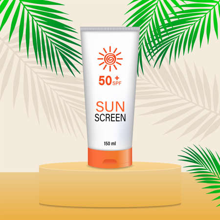 A template for an advertising poster with sunscreen. A banner with a tube of sunscreen on a...