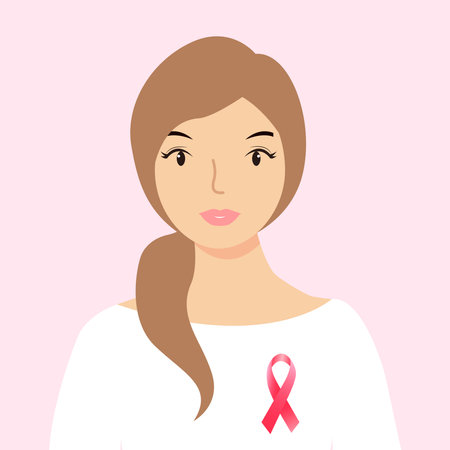 Illustration of a banner with information about breast cancer. A woman with a pink ribbon. Pink October flat vector illustrationのイラスト素材