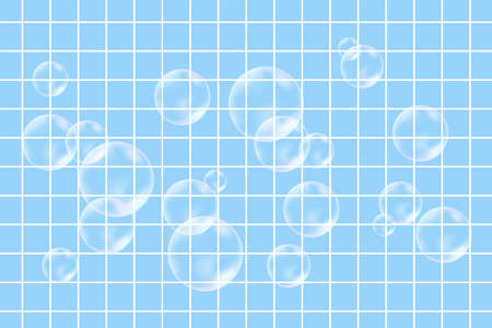 Vector soap bubble. Realistic soap bubble, glare on the background of tiles in the bathroom. Foam bubbles. Powder, soap, detergent. vector illustration.のイラスト素材
