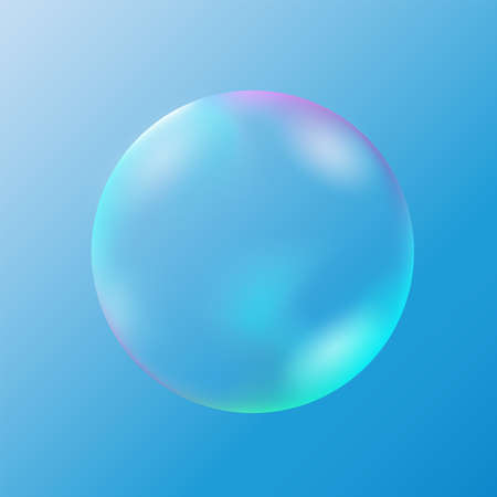 Transparent realistic soap bubble isolated on a light blue gradient background. The element of soap foam, bath foam, washing liquid. vector illustration.のイラスト素材