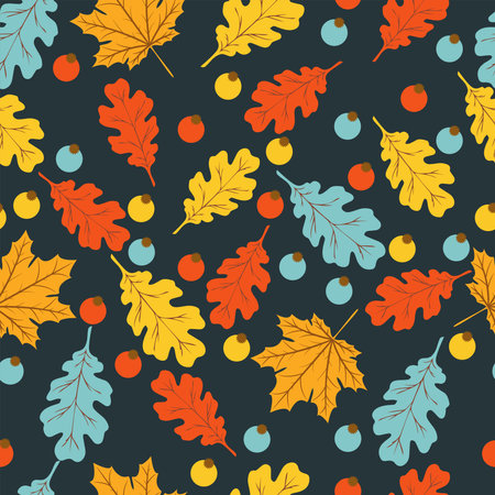 Orange, yellow and light blue oak and maple leaves on a dark gray-blue background. Abstract seamless vector autumn backgroundのイラスト素材