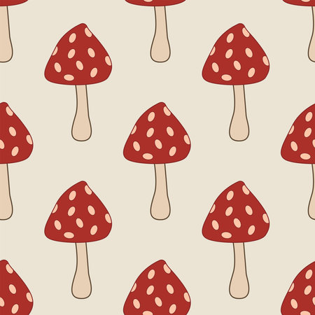 Fly Agaric red mushroom seamless pattern. Vector drawing cartoon illustration design. Nature, wallpaper, autumn, forest, vector concept of autumn. Cartoon fly agaric on a light pasのイラスト素材