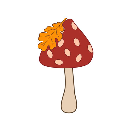 Vector illustration of a simple mushroom with an oak leaf. Red fly agaric with yellow oak leaf isolated on a white background. Vector children's illustrationのイラスト素材