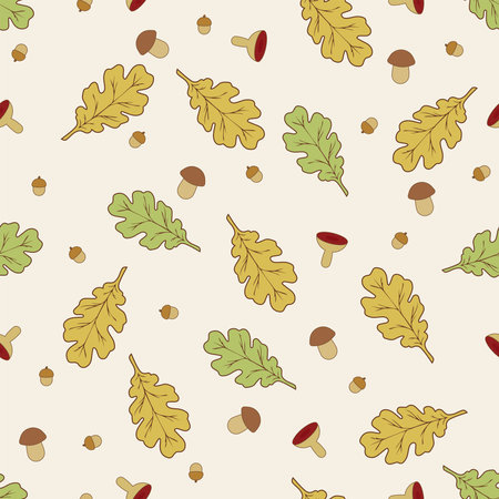 Seamless vector pattern with oak leaves and mushrooms on a light background. Yellow and green oak leaves, cartoon mushrooms and acorns on a light background. Seamless background foのイラスト素材