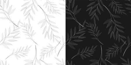 Botanical seamless pattern with leaves. Black and white vector illustrations. Black contoured leaves on a white background and white contoured leaves on a black background.のイラスト素材